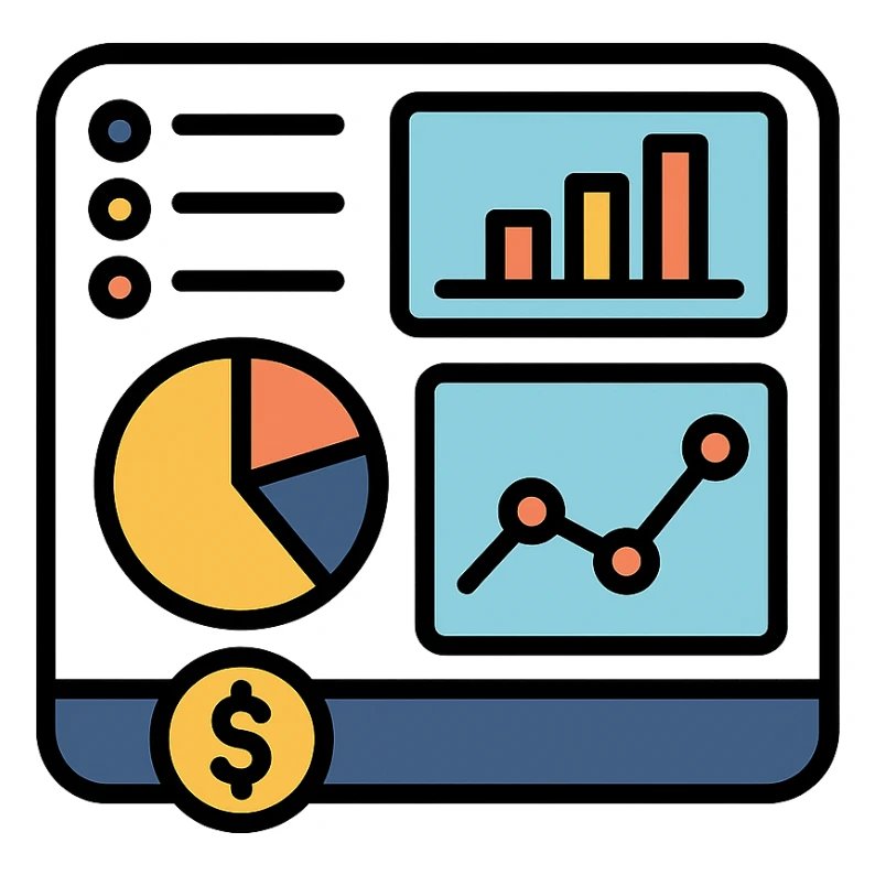 dashboard with charts and graphs, financial theme, modern icon style sticker
