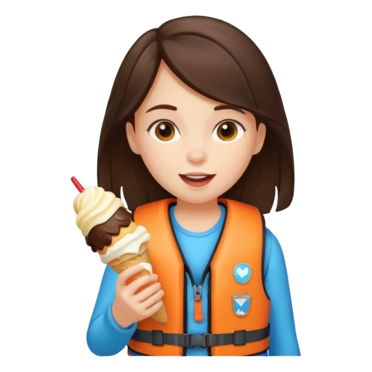 girl brunet kid wearing lifejacket, eating ice cream sticker