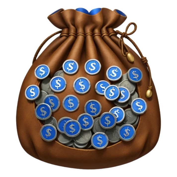 brown money bag full off blue coins inside sticker