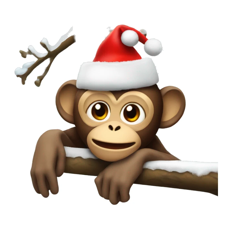 monkey with a christmas hat on hanging off a snowy branch sticker