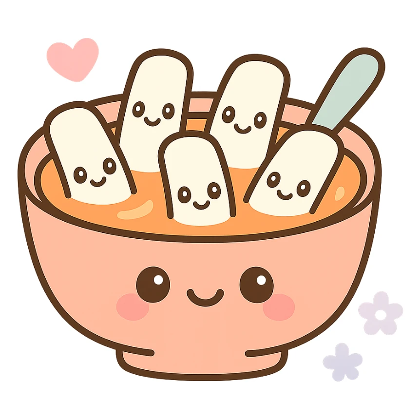 cartoon tteokbokki, smiling faces on rice cakes, playful, cute sticker