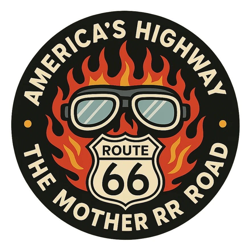 circular design for motorcycle cap, transparent background, text 'AMERICA'S HIGHWAY - ROUTE 66 - THE MOTHER ROAD', motif: motorcycle goggles, Route 66 sign, flame, modern style sticker