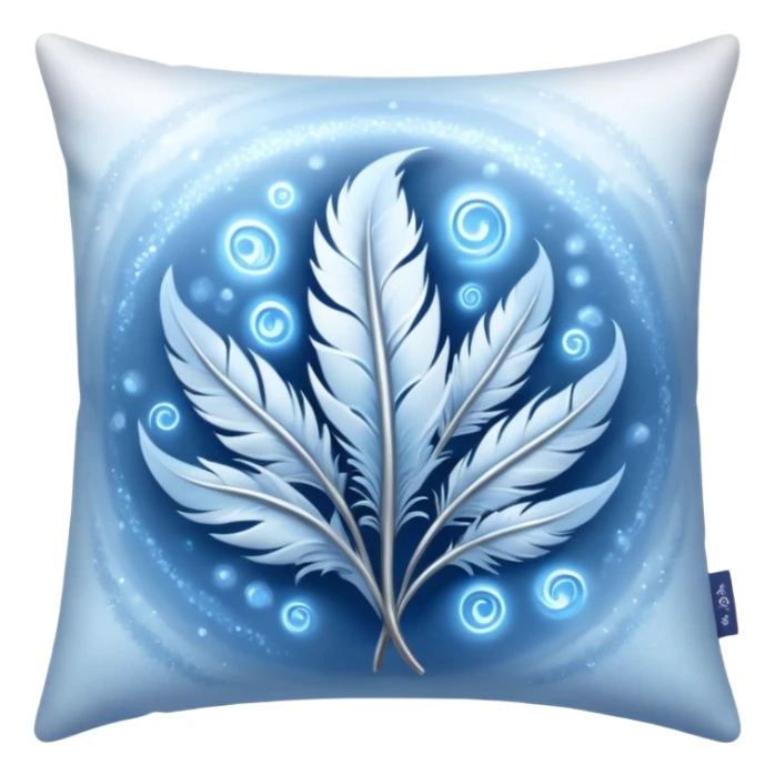 enchanted pillow radiating cool silver and blue light, misty swirls and sparkling feathers, frost aura and magical energy supporting peaceful dreamy sleep, symbolizing pain relief and comfort sticker