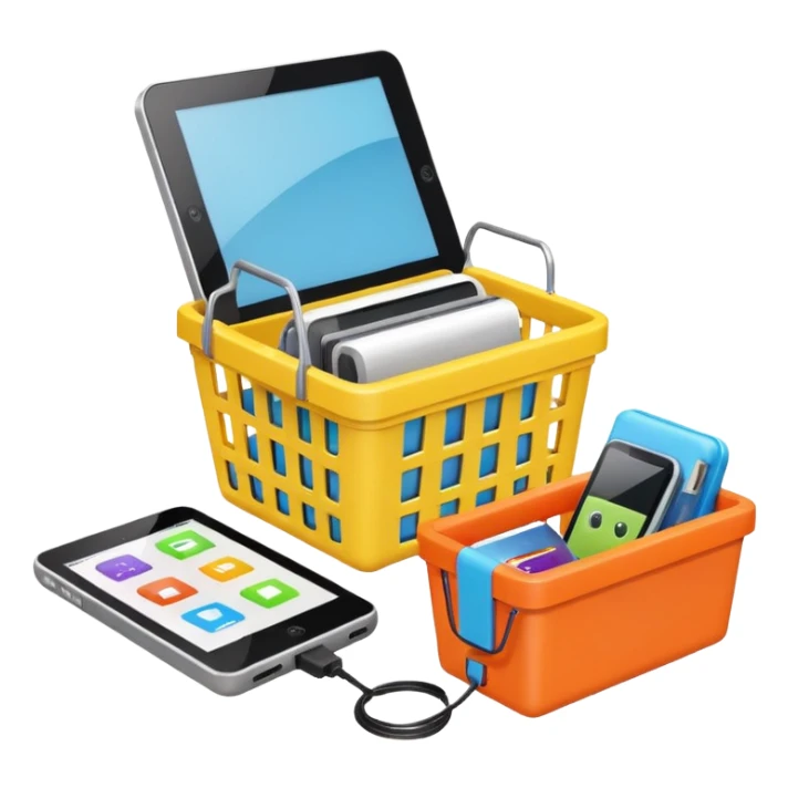 shopping basket containing a robot toy, e-reader, and portable charger emoji sticker