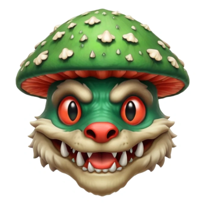 poisonous mushroom beast portrait, head and shoulders only, wolf-like face, mushroom cap growths on head, glowing green spores, sharp teeth, fantasy animal monster style, 3D cartoon, mobile game icon style, clean background, no text, no watermark

 sticker