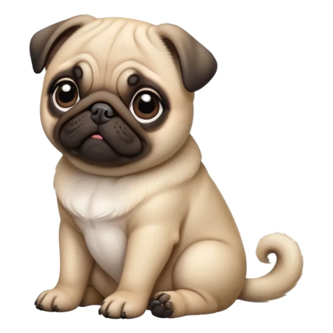 detailed-[cute pug]-realistic-full-body-sitting-emoji,-tail-resting-loosely-beside-its-paws,-head-tilted-dramatically, -sleek-fur,-simplified-yet-realistic-focused-features,-highly-detailed,-glowing-with-an-almost-sarcastic-glow sticker