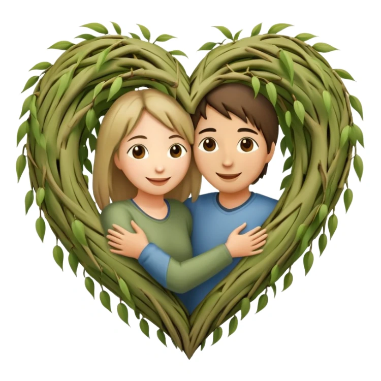 heart-shaped weeping willow tree with two people hugging inside the heart shape, with a small heart above them sticker