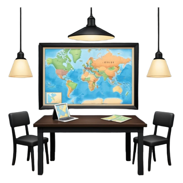 A dark room full of maps with table and over light ￼ sticker