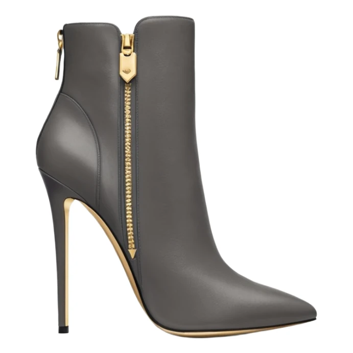 Hyper Realistic, Michael Kors dark gray suede and leather, both pairs of stiletto ankle bootie boots, detailed  sparkly 14k Gold zipper, 8k quailty  sticker