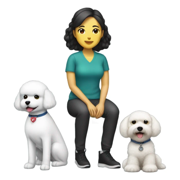 An Asian woman seated next to a service dog bichon sticker