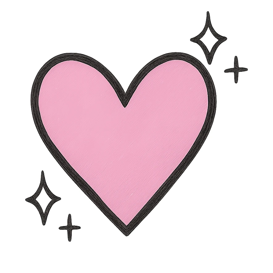 Make the pink hand drawn heart with sparkles larger, keep the black outline style, and use a clean white background. sticker