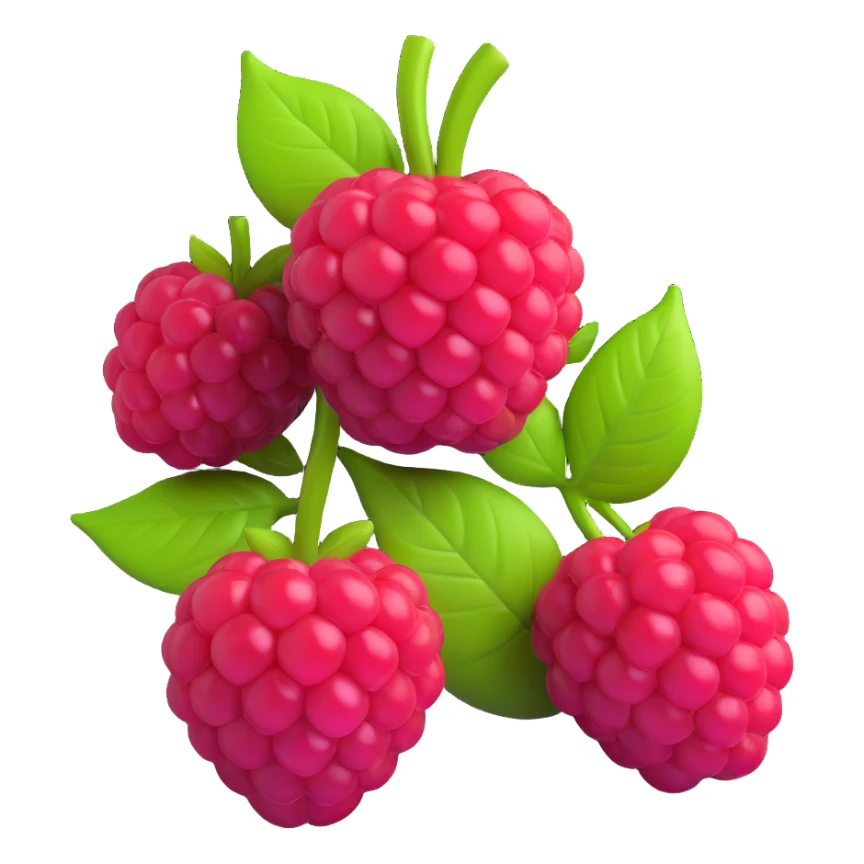 Transform this watercolor raspberry illustration into a 3D iOS-style emoji. Render the raspberry and leaves with smooth, glossy surfaces, soft shadows, and vibrant colors, in the Apple emoji style. No background. sticker