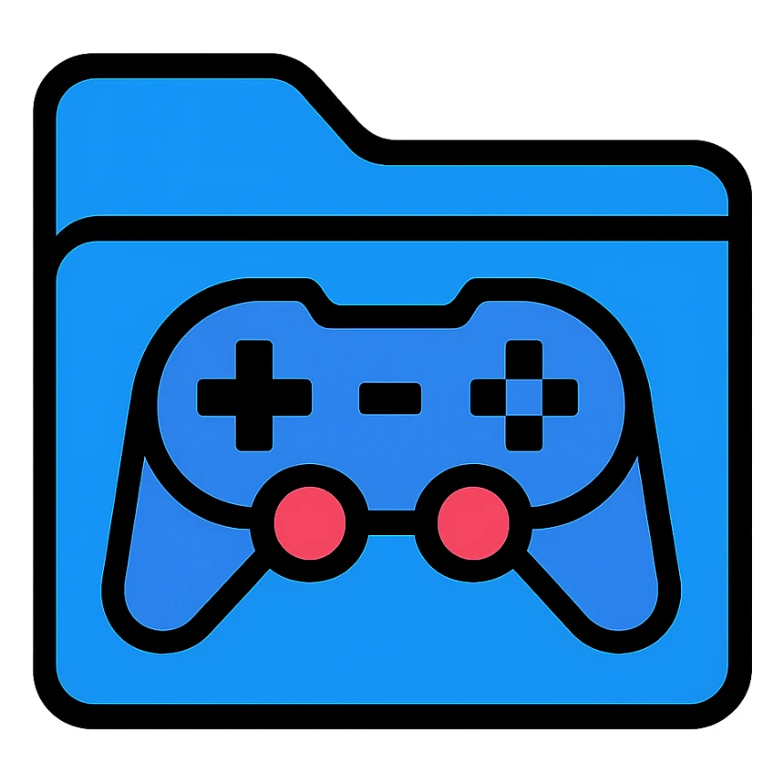 Add a blue game controller to the front of the blue folder icon, leaving some room around the borders. The controller should be centered, clearly visible, and in a flat, modern style with a fully transparent background. Prioritize clarity and recognizability. sticker