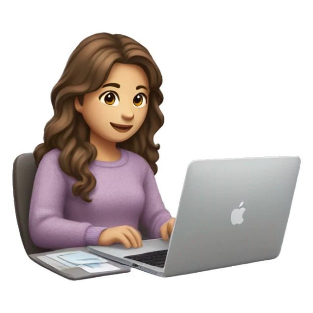 female coder with apple laptop in front of her, very long wavy brown hair, brown eyes, facing the right side looking at the laptop, lavender sweater, no glasses sticker