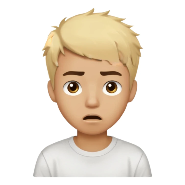 Short buzz, messy blonde hair. Dark brown bushy eyebrows large expressive golden-brown eyes, wearing a plain white t-shirt. Male Teenager. light Dark Brown skin color. Confused mouth gape sticker