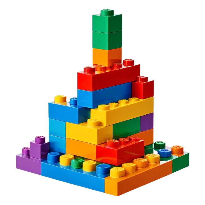 A photorealistic icon featuring colorful LEGO bricks in the process of being assembled into a structure, with a few partially built pieces. bright design, detailed textures of the bricks and the building process, capturing the creativity and fun of LEGO construction. Transparent background. sticker