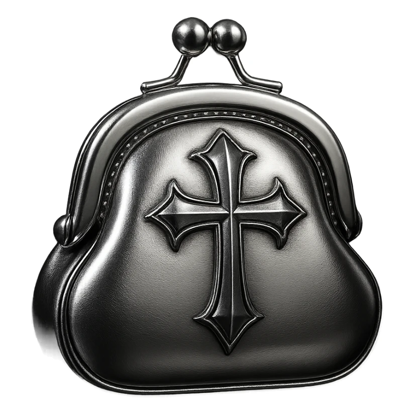 pink and black gothic coin purse, metallic shine, reflective, futuristic gothic details sticker