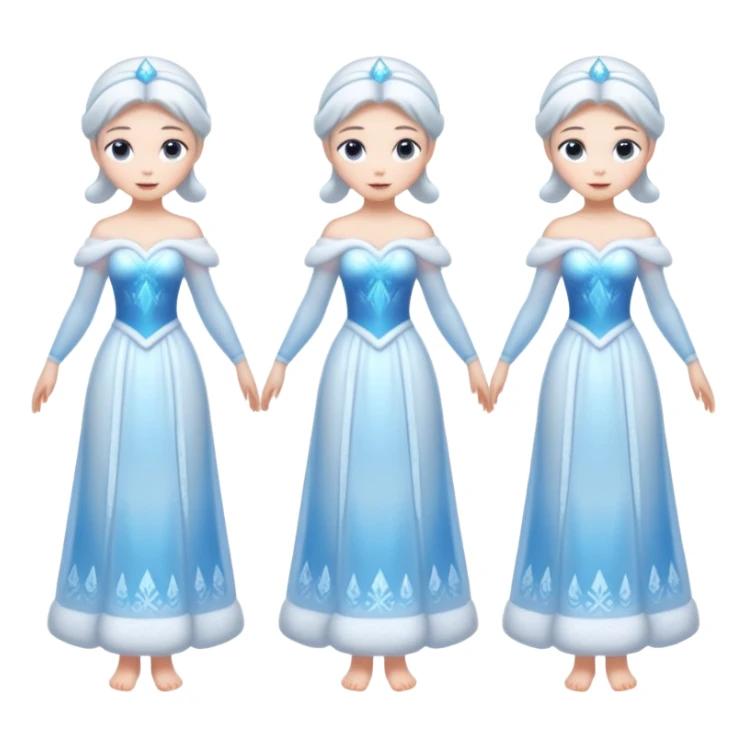 An ice Snow Maiden character with two arms and two legs, full body, front view, back view, side view, three-quarter view, consistent character design, translucent ice material, winter fairy tale style. sticker