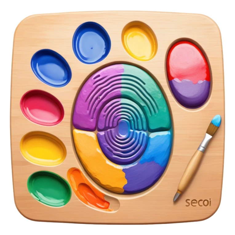 A palette shaped like a fingerprint with colorful paints, representing unique artistic identity sticker