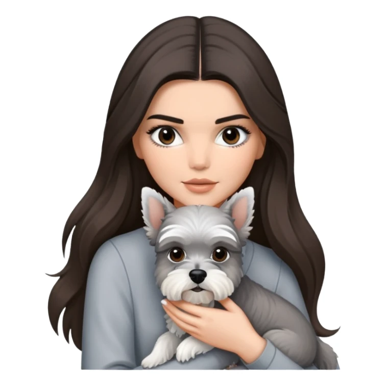 brunette Kendall Jenner with long hair holding on the hands grey white Schnauzer sticker