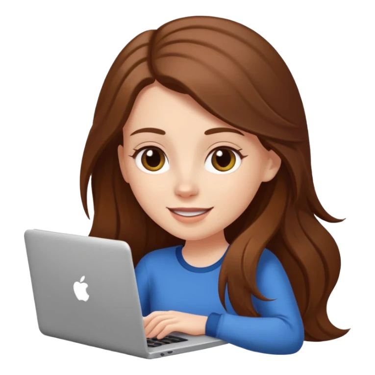 white girl with long brown hair using a laptop, cheerful sticker