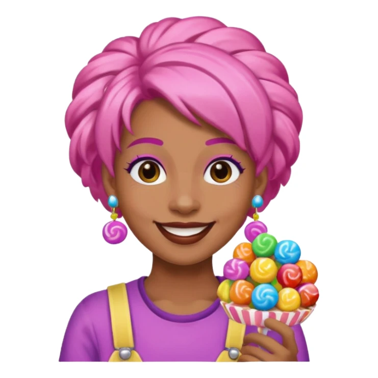 candy shop vendor, looking like candy with candy earrings and candy hair sticker