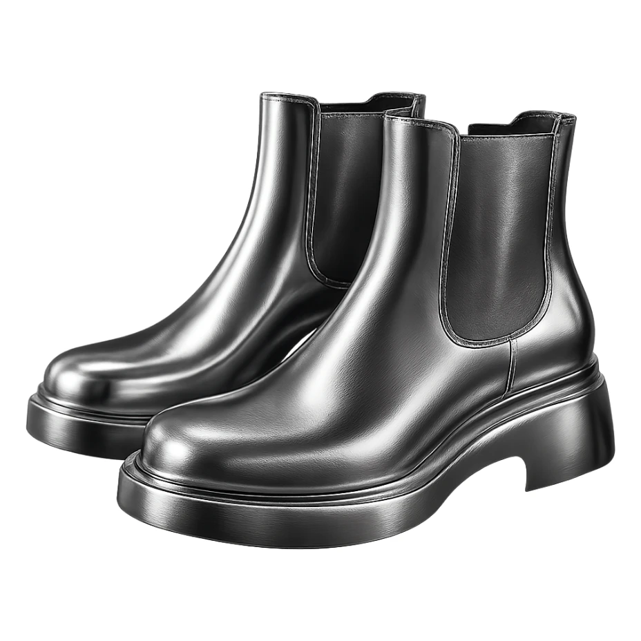 Bottega Veneta boots in 3D chrome style, shiny metallic finish, modern design, simple background sticker