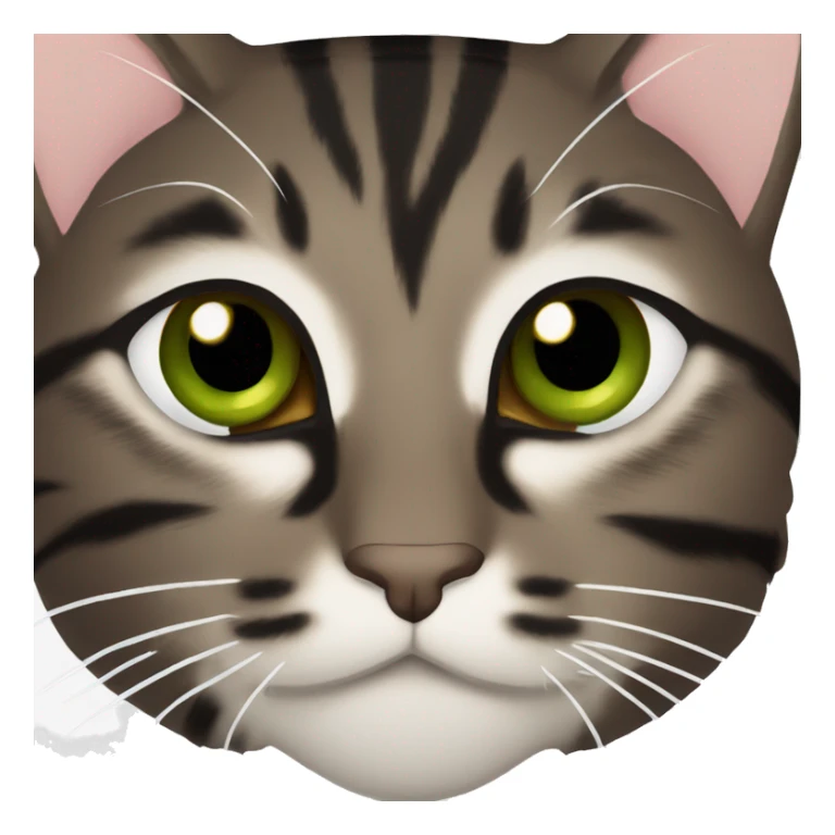 Dark brown tabby cat with brown-green eyes, black nose and white neck sticker