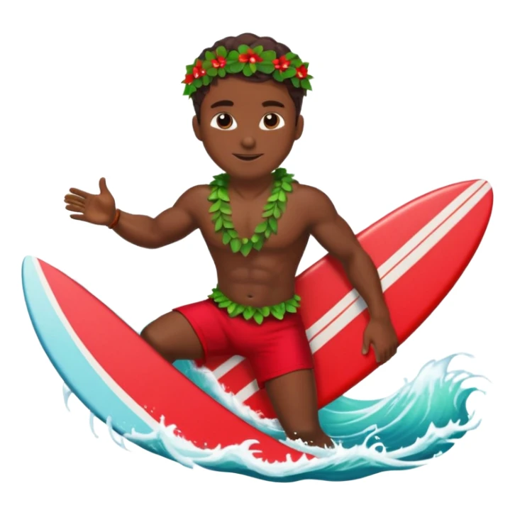 Dark muscular surfer riding big wave wearing red shorts and a head leaf lei and shell necklace sticker