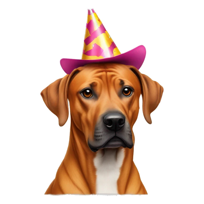 Rhodesian  ridgeback crossed with a staffy with a party hat sticker