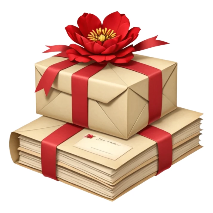 A beautifully arranged Stack of aged letters, tied with a red ribbon, envelopes, corespondence, aesthetic, red flower petals around, mails sticker
