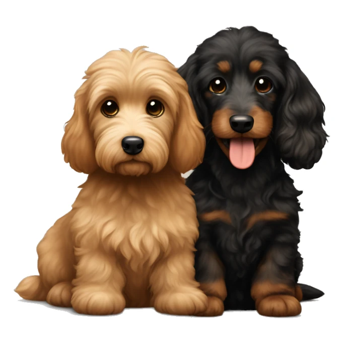 Brown medium size goldendoodle and black and tan and cream longhair dachshund sitting together  sticker