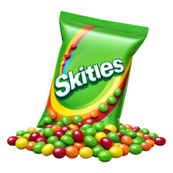 Skittles candy package with green candies spilling out, minimalist sticker