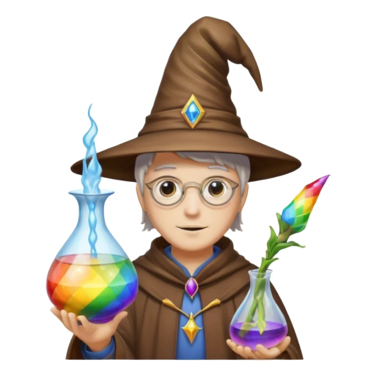 costume, wearing wizard hat custome, with glass vase, rainbow sticker