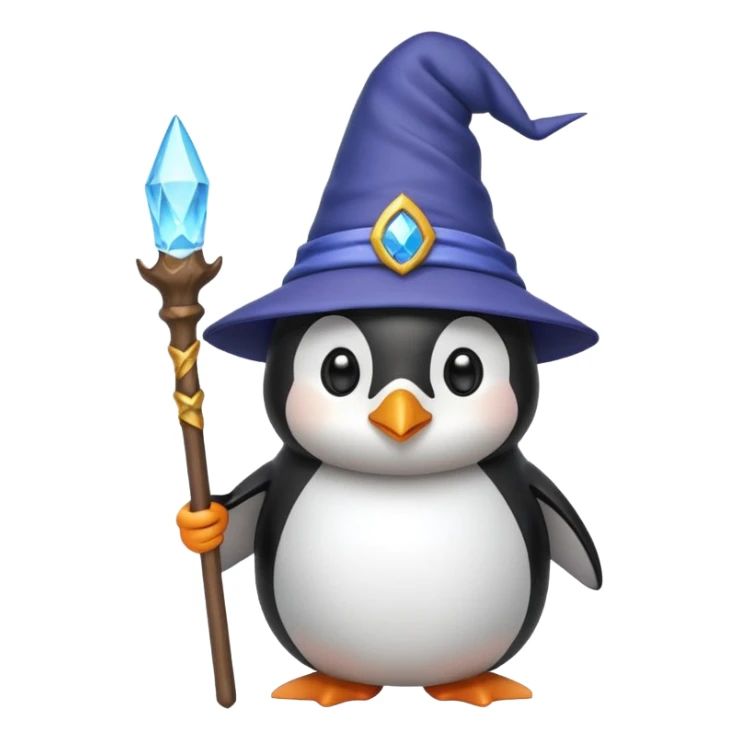 cute penguin wearing a wizard hat and holding a staff, emoji style sticker