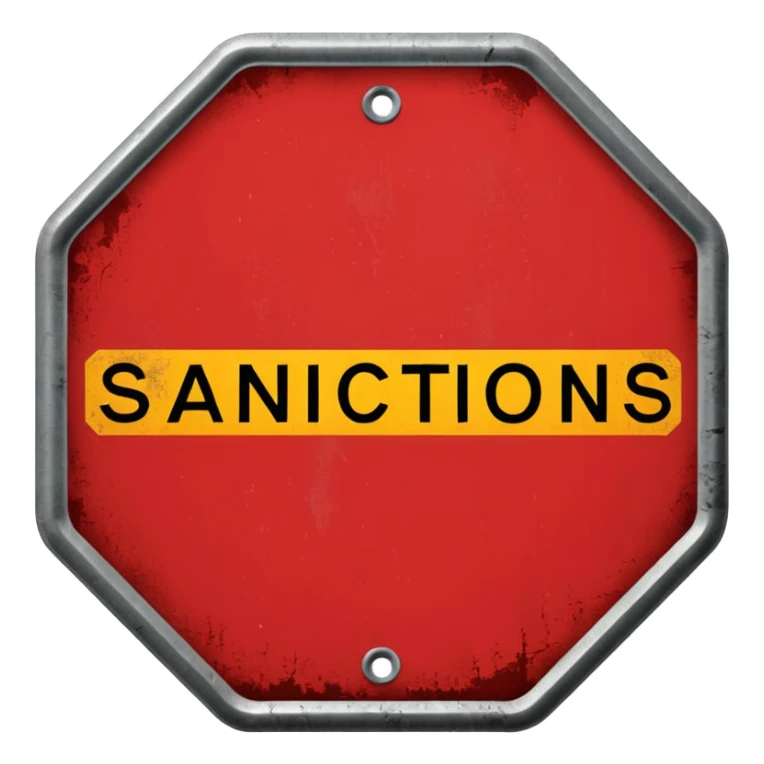 red, road sign, hexagonal, with the inscription SANCTIONS sticker