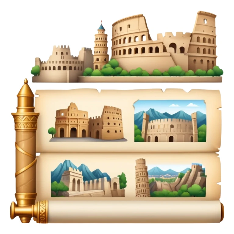 icon featuring an ancient scroll, quill pen with famous historical landmarks and monuments like the Great Wall and the Colliseum in the background. Historical figures are depicted as statues, symbolizing the study of history. Transparent background highlights the legacy of past civilizations. sticker