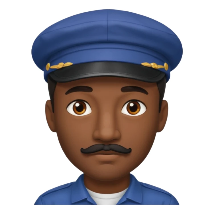 A dark-skinned man with a cap, brown eyes, and a thin black mustache. sticker