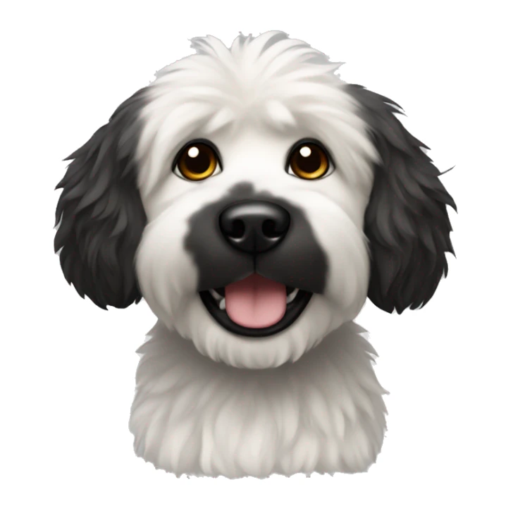 Fluffy dog with black face and white chest sticker
