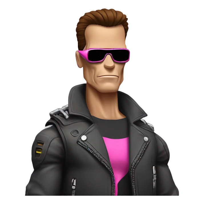 Schwarzenegger-like Terminator, upper body only, wearing his iconic clothes in pink, looking more human with minimal robotic details, and wearing dark sunglasses. sticker