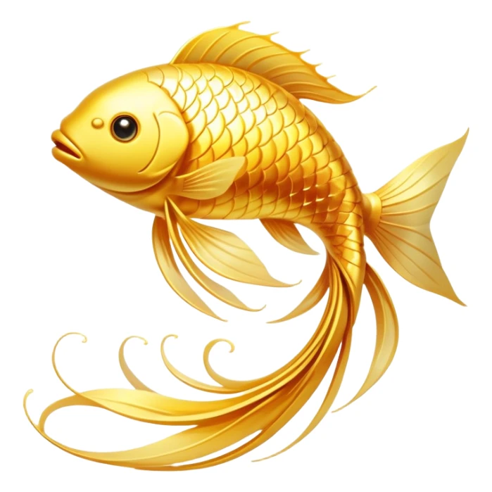 Mystical golden fish flowing in an omega shape, with its body transforming into streams of radiant energy that connect to a brain, heart, and joints. The fish appears magical and ethereal, with glowing scales and a luminous aura representing the essential nutrients of omega-3. sticker