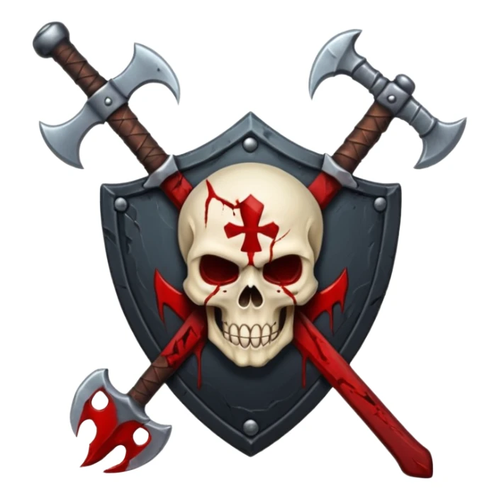 Dark horror shield badge, skull, blood stains, crossed bloody dagger and axe, gothic style, no background sticker