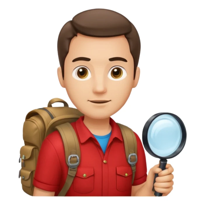 Explorer man with red shirt backpack and magnifying glass sticker
