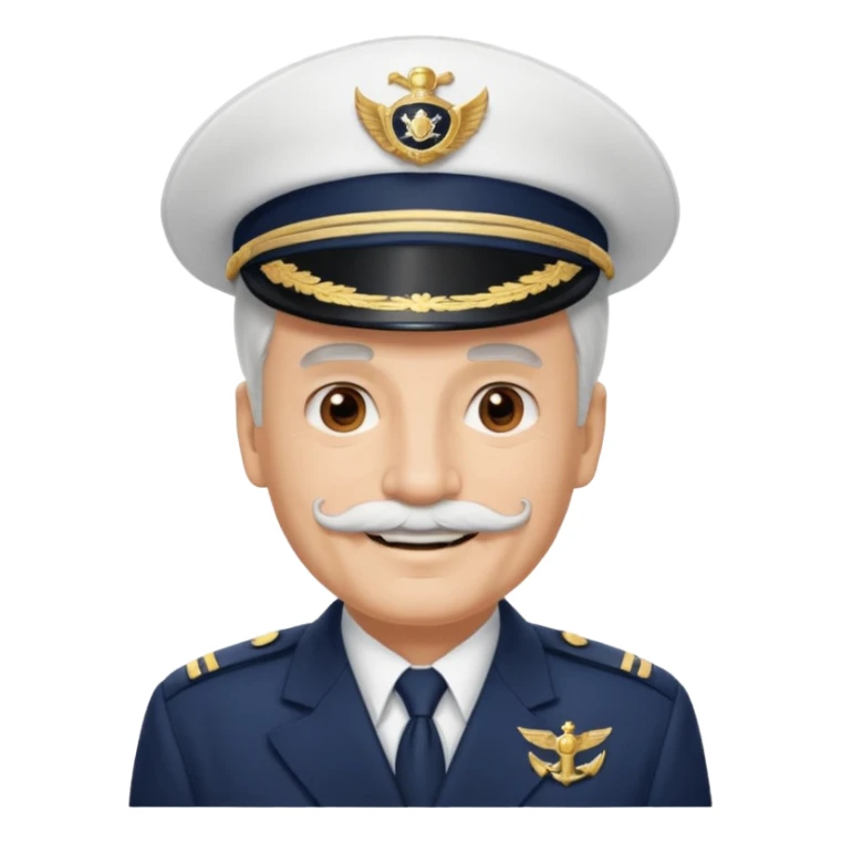 A light-skinned mid-aged man with brown eyes and white mustache, smiling while wearing a white captain’s hat with a navy emblem. sticker