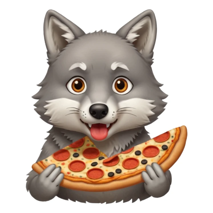 a sitting surprised grey wolf eating a piece of pizza emoji sticker
