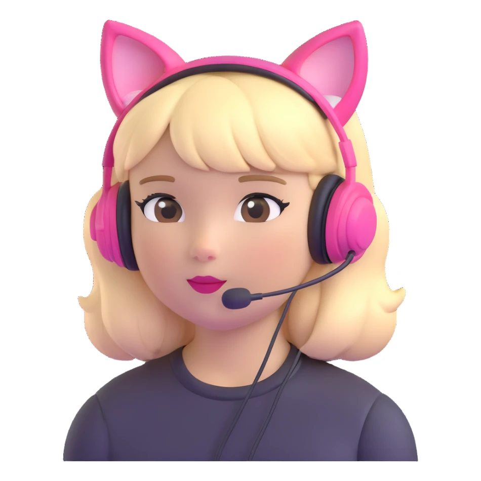 sassy blond girl with short bangs and pink kitty-ear headset sticker