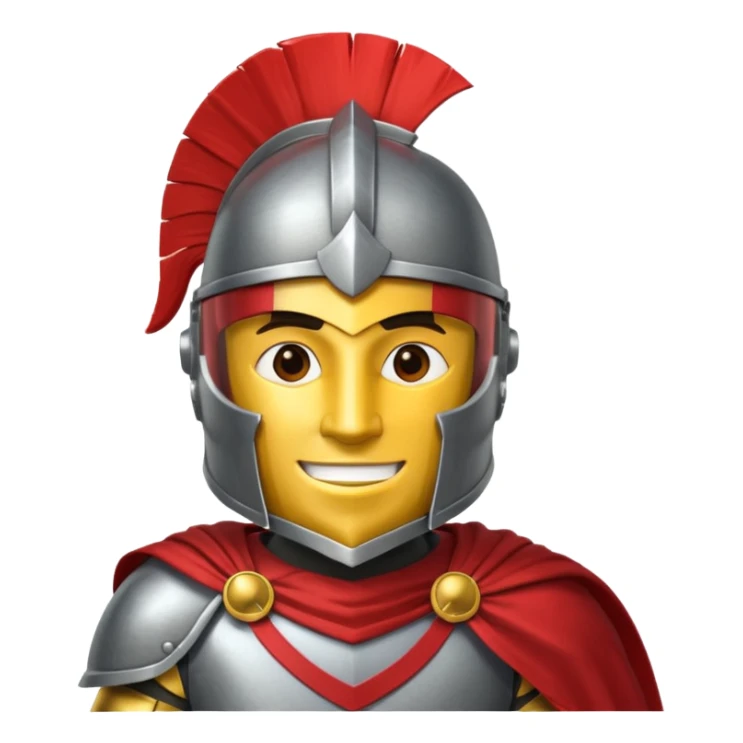 A friendly Trojan warrior mascot with a large cartoon-style head, wearing a silver helmet with a red crest and black cheek guards.  confident smile. The character wears dark armor with metallic details and a bright yellow cape.  sticker