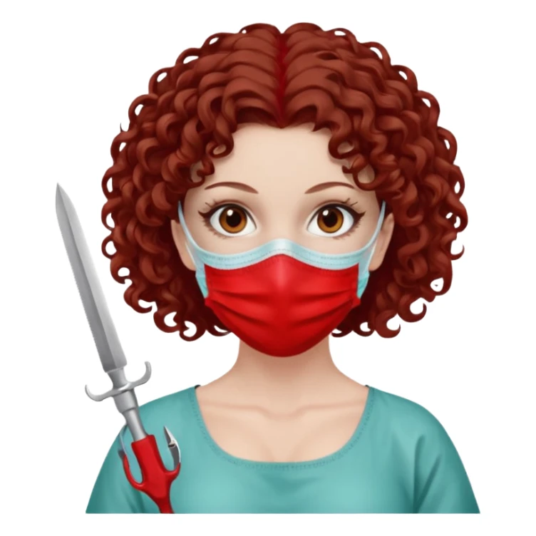 Lilith symbol seductress evil surgeon. Hair curly, and brown. Long curly brown hair. Red surgical mask and hair covering. She works for cartel and kills  with a scalpel. sticker
