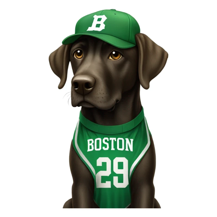 Brindle lab dog wearing Boston Celtics gear sticker