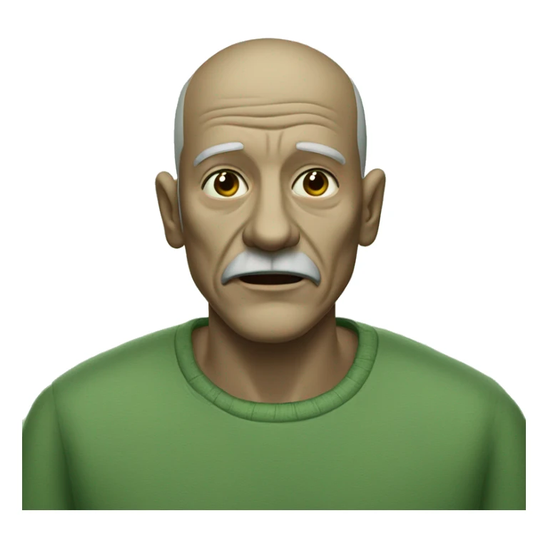 A frail man with a large triangular nose and two buckteeth with a buzzcut and a dirty green shirt sticker